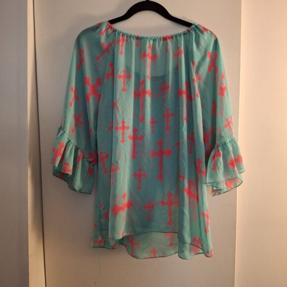 R Rouge Women's Aqua and Pink Cross Pattern Sheer Top - Picture 2 of 8